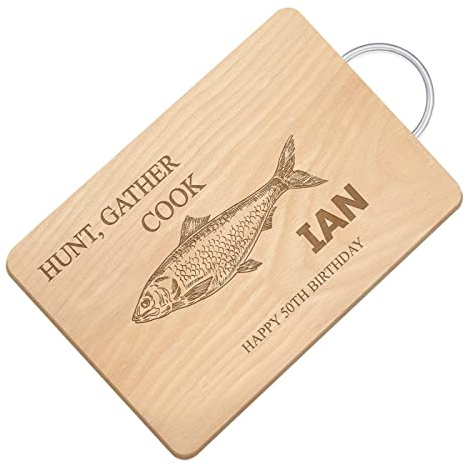 Maverton Customised Wooden Chopping Board for man, Fish | Personalised Wooden Tray for Birthday, Kitchen Accessory for Chef, Cheese Board with Handle, Wooden Board for him