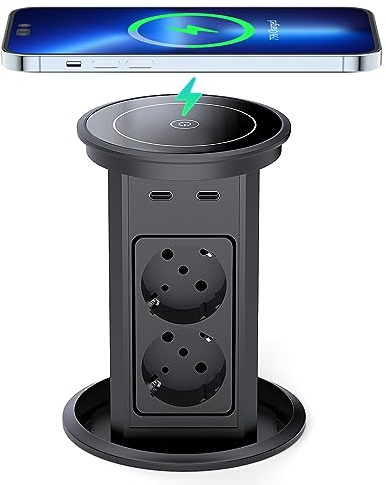 Automatisch Versenkbare Steckdose, Dinolink Tischsteckdose mit 4 Steckdosen, 4 USB Ports, 10W Wireless Charging | Einbausteckdose Versenkbar für Küche, Büro | 1,8m Kabel | Ø100mm
