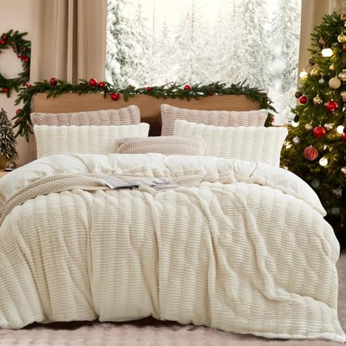 Plüsch Bettwäsche 135x200 4Teilig Weiß Winter Flauschig Kunstfell Flanell