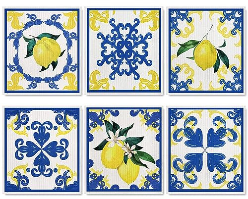 AnyDesign 6 Pack Lemon Swedish Dishcloth Blue White Tiles Lemon Kitchen Dish Towel Reusable Washable Cotton Kitchen Towel for Counter Cleaning Baking Cooking, 7 x 8 Inch