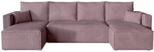 BROMARKT Ecksofa mit Schlaffunktion Puderrosa Sofa mit Bettkasten U Form | Wohnlandschaft Eckcouch Freistehend Couch Polstercouch Schlafsofa Schlafcouch Stauraum 305 cm Breite 5 Sitzer Stoff Cord