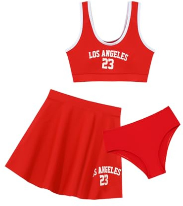 Aislor 3 Pezzi Costumi da Bagno Bambina Costume Intero Estate Set di Bikini Tankini da Mare Piscina Spiaggia Top Corto + Slip da Bagno + Gonna Abito da Nuoto Swimsuit A Rosso 10-12 Anni