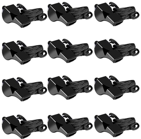 LIANGYUNZE 12 Sport Whistles Black with Lanyards | Pea-less design with lanyards, for coaches, referees, lifeguards and police, sport whistle set, 12 pieces
