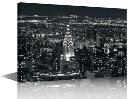 TISHIRON Manhattan Skyline Black and White Wall Art Cityscape Panorama Pictures for Bedroom 1 Piece City Building House Decorations Skyscraper Posters and Prints Framed Ready to Hang 24x16 in