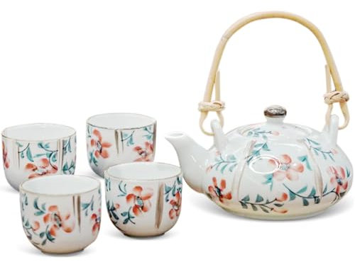 Xnqelerate Théière en céramique avec manche en rotin et 4 tasses, théière japonaise en porcelaine blanche, service à thé moderne chinois, cadeau pour les amateurs de thé, motif fleur rouge