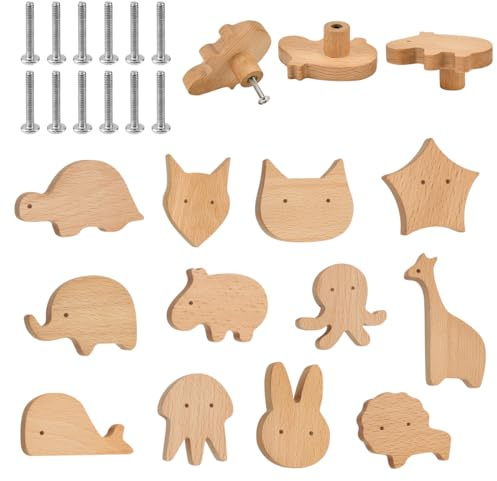 KYYGKY 12Pcs Schrankknöpfe Holz Kinderzimmer mit Schrauben Möbelknöpfe Kinder Tiere Schubladenknopf Schubladengriffe Kinderzimmer Holzknöpfe Tierform Schrank Holzgriffe für Schrank Türknöpfe