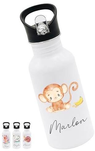 Bärenfreunde® - Personalisierte Trinkflasche Kinder Edelstahl [ 500ml ] - Robuste Trinkflasche mit Namen - Wasserflasche mit Trinkhalm - Personalisierte Geschenke für Kinder (Affe)
