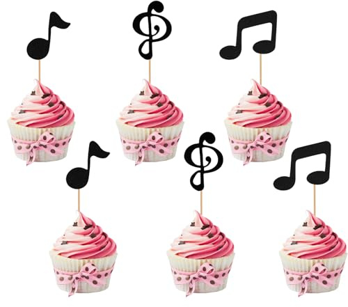 BLMHTWO 24 Stück Music Notes Cupcake Toppers, schwarz Musiknoten Ausschnitte Tortendeko Notenschlüssel Tortendeko für Geburtstag, Party, Hochzeit