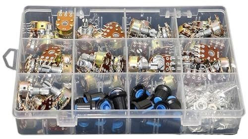 Drehpotentiometer, Potentiometer 45 Stück Wh148 Dual Gang Stereo 6-Pin-Potentiometer-Kit 1k 5k 10k 20k 50k 100k 250k 500k 1M mit Knöpfen Einzelwellenmuttern + Box