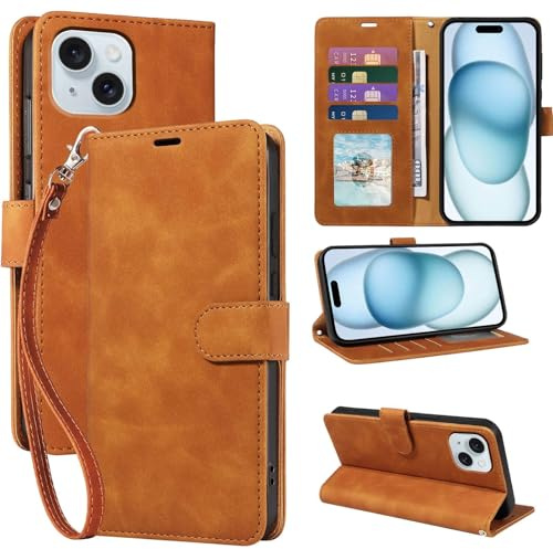 GOTOURED PU Leather Flip Case for iPhone 15 with Wallet (Brown) | RFID blocking, 4 ID/credit card slots, detachable wrist strap, adjustable stand, secure magnetic closure, shockproof