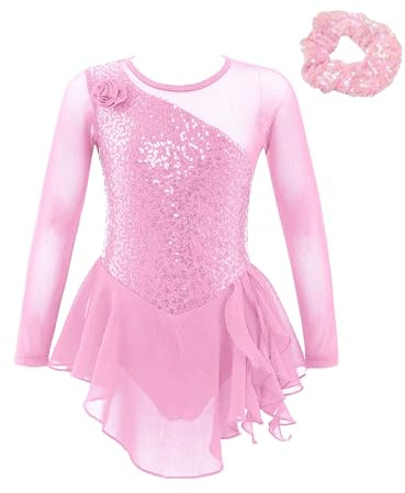 Alvivi Vestido Baile de Patinaje Artistico Niña Brillantes Maillot con Falda Gimnasia Rítmica de Manga Larga con Diadema Traje Patinaje Competición Niña Rosa 5-6 años