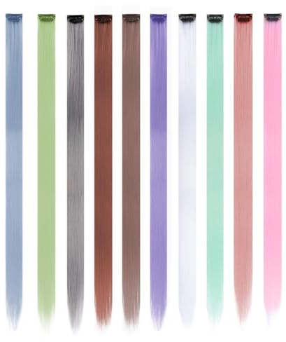 10 Pcs Extensions de Raides a Clip, Extensions de Cheveux Colorés, Mèches Cheveux Colorées Postiches Raides et Longues, pour Enfants Fille Meches Rajout Tresses Accessoire pour Parti Festivals