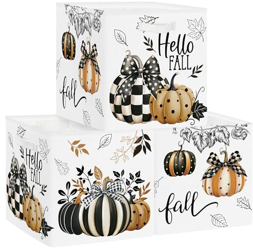 Clastyle Set di 3 Scatole Portaoggetti Autunno Ringraziamento Cubo di Stoccaggio per Armadio Vestiti Cesto Scaffali Bambini Scrigno dei Giocattoli e Libri per Scuola Materna,Oro Nero,30x30x30 cm