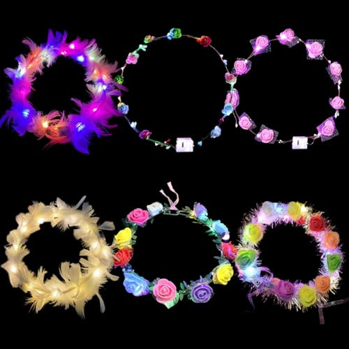 ZOMKIFA 6 Stück LED Blumenkranz Stirnband,Garland Leucht Bunt Kopfbedeckung Floral Tiara Haarschmuck, Festival Geburtstag Weihnachten Party Hochzeit Dekor Blumenkranz Kopfschmuck