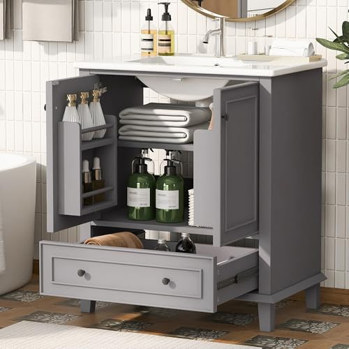 Lahoomu 76x46x87cm Bodenstehender Badezimmerschrank mit Waschbeck, Waschtisch, Beine aus Massivholz, Volllackierung, Feuchtigkeits- und Wasserdicht, Integriertes Keramikwaschbecken, Grau