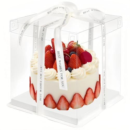 2 scatole per torte, in cartone per torte, trasparenti, con base e nastro, per compleanno, dessert, matrimonio (bianco trasparente, 30 x 30 x 25 cm)