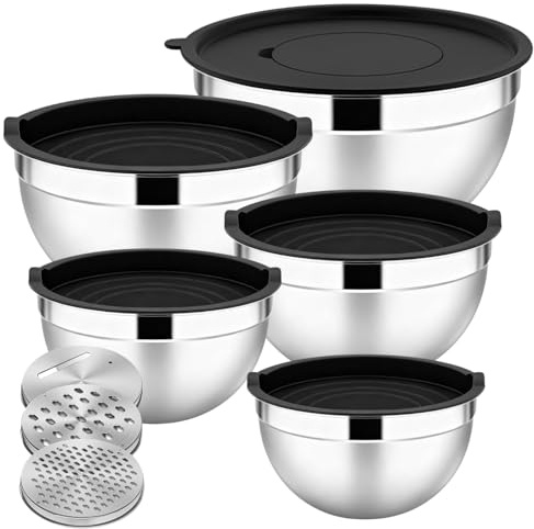 Jomdjmskes 5 Pcs Saladier Inox, Cul de Poule Inox, Saladier avec Couvercle, Bol Cuisine Bowl de Mélange avec 3 Râpes, 5 Saladiers Tailles Différentes, Empilables et Lavables au Lave Vaisselle