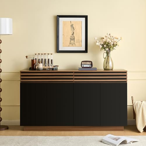 FammyLoft Sideboard Wohnzimmer mit 2 Schubladen & 4 Türen, Buffetschrank mit Brauner Holzoptik, 150×40×85cm, Modern Wohnzimmerschrank für Schlafzimmer & Flur, Schwarz+Braun