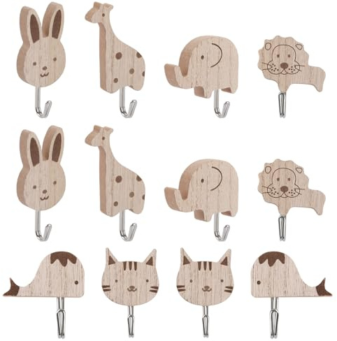 12 Stück Süße Tier Kindergarderobe Haken,Cartoon Holz Kleiderhaken Kinder | Selbstklebende Garderobenhaken Kinder,Kaninchen,Giraffe,Elefant,Löwe,Wal, Katze Wandhaken für Schlafzimmer Kinderzimmer