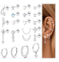 LOLIAS 21Pcs Piercing Ohr Chirurgenstahl Helix Piercings Silber 925 Creolen Flatback Ohrstecker mit Flachem Verschluss Medizinische Ohrringe Set Damen Knorpel Tragus Conch Helix Piercing Ohr Silber