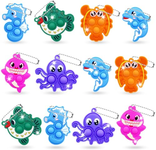 Yeefunjoy 12Pezzi Mini Pop Fidget Toy Portachiavi, Animale Marino Push It Pop Giocattolo Manuale Sensoriali Bulk Bambini, Bolla Giocattolo Antistress Decompressione EE Feste di Natale Bomboniera