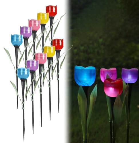 WRQIOO 10Pcs Solar Tulip Flower Stake Lights, Solar Flower Lights Outdoor Garden, Waterproof Multi-Color So-lar Pathway Lighting Flowers for Yard, Patio, Fence, Garden Decorations