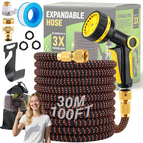 RIZENCE Gartenschlauch Flexibel 30m, 100ft Garten Wasserschlauch mit 10 Funktionen, 4-Lagen Latex & 3750D Gewebe, 3/4 & 1/2 Metallanschlüsse, Aufbewahrungsbeutel, Garden Hose für Garten Terrassen