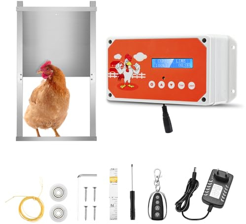 Automatische Hühnerstalltür mit Timer & Fernbedienung, IP65 Wasserdichtes Geflügeltüröffner-System mit Aluminiumtür für Hühner, Enten, Vögel - Batterie- oder Solarbetrieben