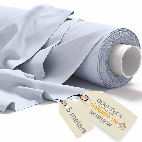 DreamRoots Baumwollstoff Meterware 160 cm, Hellblau, 5 m | Stoff zum Nähen, Polsterstoff, 145 g/m² Baumwolle, Leinwand, Segeltuch, Gardinenstoff, Molton