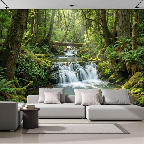 Papel Pintado Panorámico Fotomurales Selva tropical Cascada forestal 300x210cm, Murales de Pared Decoración Póster in Seda Verde Personalizado 3D Para Salón Dormitorio Oficina