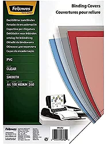 Fellowes 53762 Copertine per Rilegatura in PVC Trasparente, Formato A4, 240 Micron, Confezione da 100 Pezzi