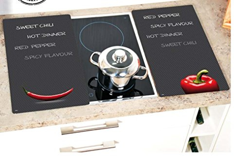 Kesper 2TLG Multi Glas Schneideplatten Herdabdeckplatten Schneidebrett Abdeckung Motiv (Schwarz/Rot (Paprika))