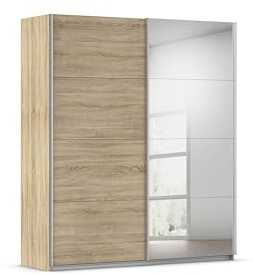 Rauch Möbel QUADRA, Schwebetürenschrank, Farbe Eiche Sonoma, Breite 181 cm | Kleiderschrank mit Schwebetüren, Schiebetüren, 2-türig, mit Spiegel, für Schlafzimmer, Kinderzimmer, Jugendzimmer, Garderobe