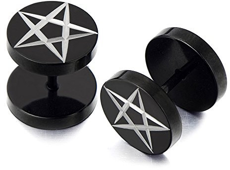 10MM Pentagrama Negro Enchufe Falso Fake Plug, Pendientes de Hombre, Aretes, Acero Inoxidable, 1 Par