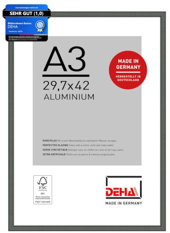DEHA Design Aluminium Bilderrahmen Boston, 29,7 x 42 cm (A3), Grau | Aluminium Posterrahmen im Hoch- & Querformat zum Aufhängen Grau glänzend bruchsicheres Kunstglas