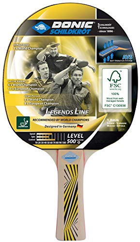 Donic-Schildkröt Raqueta de Tenis de Mesa Legends 500 FSC, Mango AVS, Esponja de 1,8 mm, Madera FSC, Almohadilla Elite - ITTF