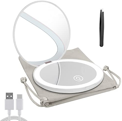 Milishow Compact Mirror with LED Light,1x/10x Magnifying Rechargeable Mirror,3.5in, Dimmable Travel Mirror for Purse,Pocket,Handheld 2-Sided Makeup Mirror