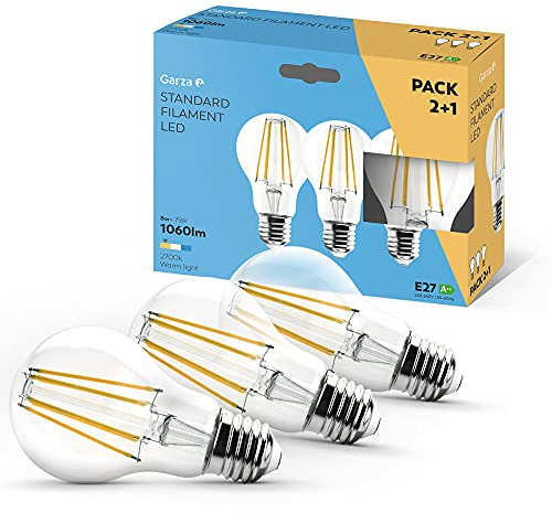 Garza - Pack de 3 Bombillas de Filamento LED Estándar A60, 8W (equivalente a 75W de incandescencia), Luz cálida 2700K, Casquillo grueso E27, 1060lm