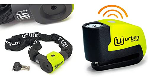 Urban 10K120 Cadena Antirrobo Alta Seguridad Homologado Art3, Ø10, 120Cm, Multicolor, 120 Cm + Ur6 Candado Antirrobo Disco Con Alarma + Warning 120Dba, 6 Mm, Made In Eu, Amarillo Flúor, Única