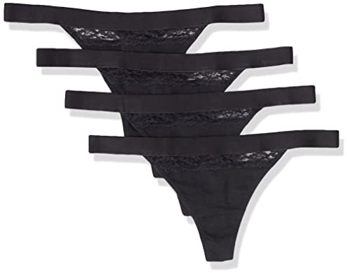 Amazon Essentials Tanga de Tira en Algodón y Encaje Mujer, Pack de 4, Negro, 40