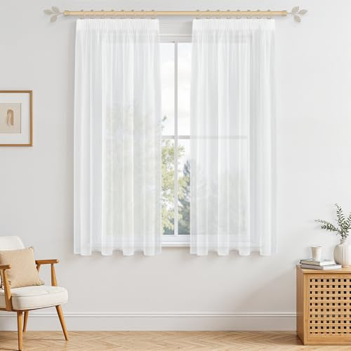MRTREES Gardiner med veckband, Stores, gardiner, vit, korta, transparenta, 137 x 140 cm (H x B), set om 2, gardiner i linneutseende för vardagsrum, sovrum, flickor, ungdom, gardiner
