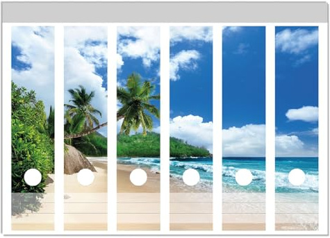 Wallario Ordnerrücken Sticker Urlaub auf den Seychellen unter Palmen am Sandstrand - Größe 6 Stück, Rückenschilder für 6 breite Ordner, Klebeetiketten