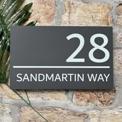One of a Kind Design UK Personalised Contemporary House Sign 240x148mm, Personalised Address Number Plate, Matt Grey or Matt Black Acrylic, Nine Coloured Backing Available - Black
