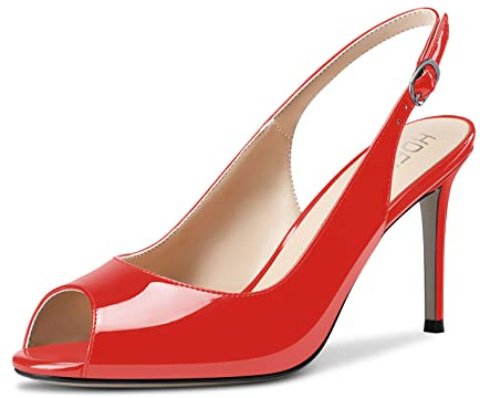 HDEUOLM Women Stiletto High Heel Peep Open Toe Sandals Ankle Strap Slingback Buckle Party Dress Shoes Red Patent 9 UK