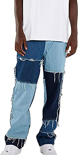 Rakklädda Herrjeans Av Färgade Patchlappar, Lösa Jeansbyxor Med Raka Ben Fransade Patchworkbyxor Hiphop Jeans Streetwear jeans för män (Color : Blue 1, Size : M)
