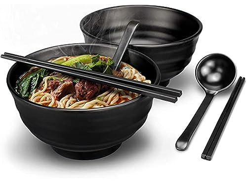 Lot de 2 bols à ramen japonais - Lot de 6 bols à ramen de 35 onces - Avec cuillère et baguettes - Pour pâtes, fruits, salade de pâtes, noir