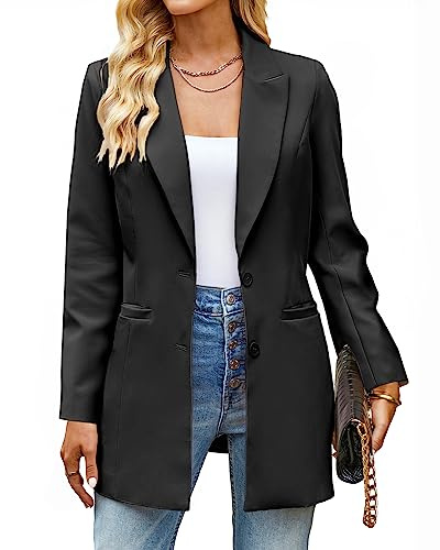 luvamia Blazers for Women Business Casual Long Blazer Jackets Dressy Work Professional Office Outfits Lapel Pockets Women's Blazers & Suit Jackets Funeral Attire for Women Black Size 16 Size 18