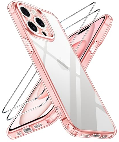 iVoler Cover Chiaro per iPhone 15 Pro Max con 2 Pezzi Pellicola Vetro Temperato, [Antiurto di Grado Militare][Protezione Fotocamera] Custodia Trasparente Sottile Anti-Ingiallimento Case - Rosa