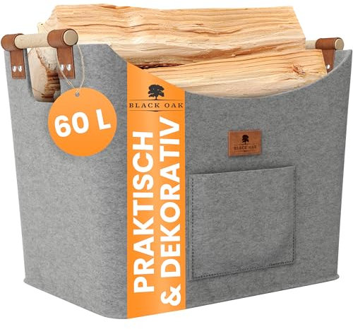 BLACK OAK Montana XL 60L Filzkorb & Holzkorb für Kaminholz - Echt-Leder Applikation + breite Griffe + Fronttasche extra groß - Filz Tasche Korb für Holz faltbar Transport & Aufbewahrung hellgrau