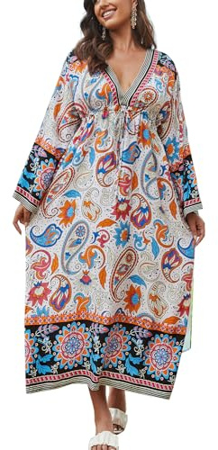 YouKD Dam rymlig kaftan klänning boho strand bikini täckande badrockar poncho en storlek, D Gul Blå, en storlek